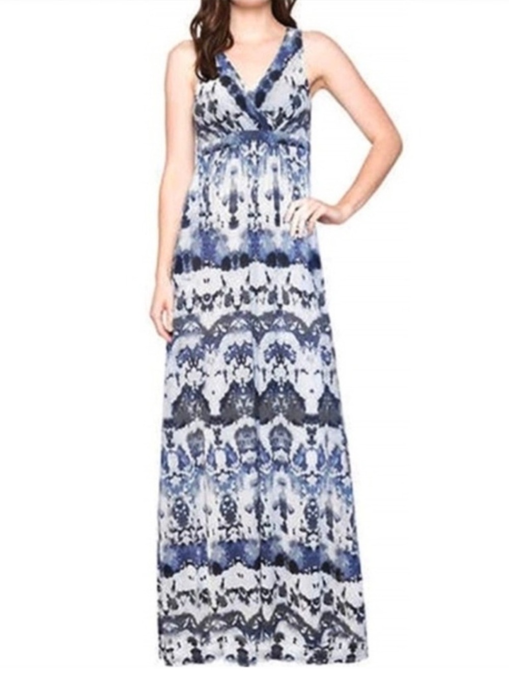 Matty M Blue and White Printed Surplice Maxi Dress